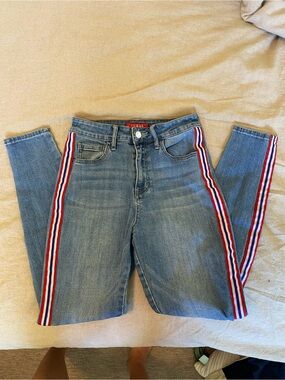 Guess High-Rise Light Wash Jeans with Red-White-Blue Side Stripes